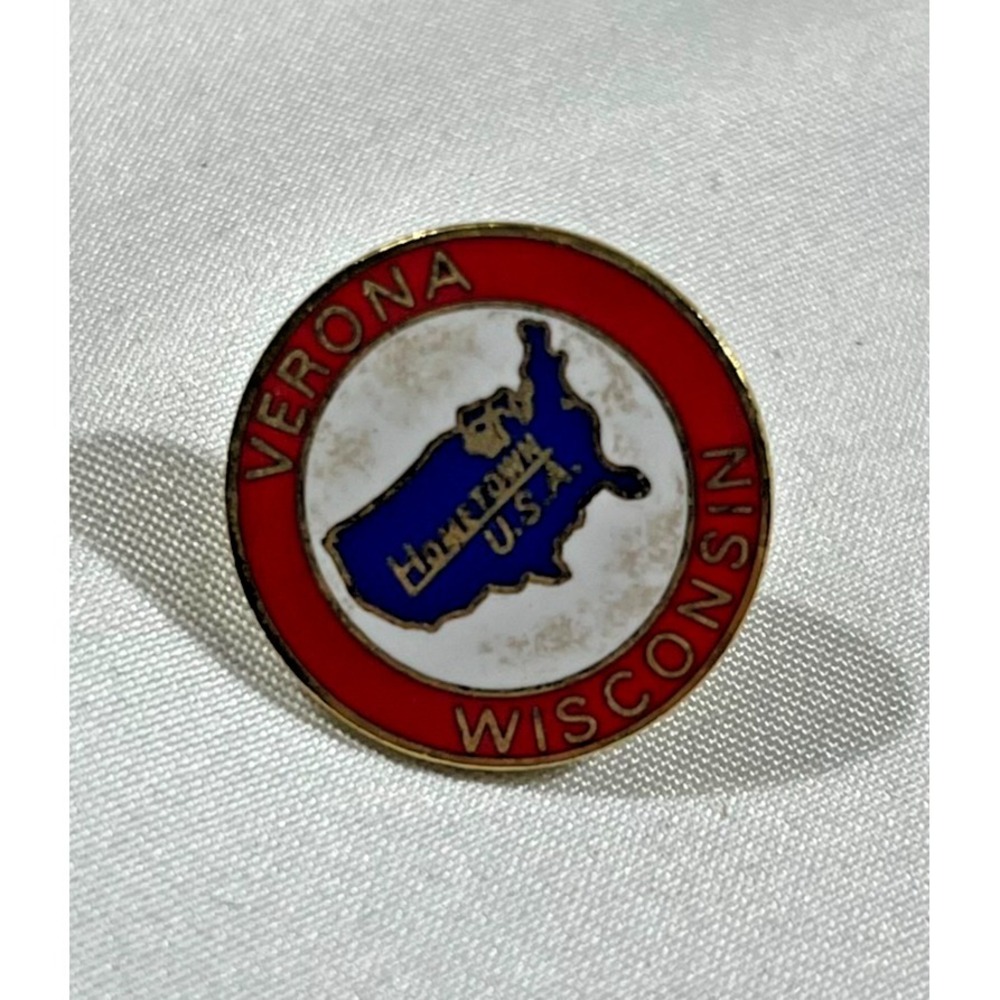 Vintage Verona Wisconsin Hometown USA Lapel Pin Red White Blue Gold Tone